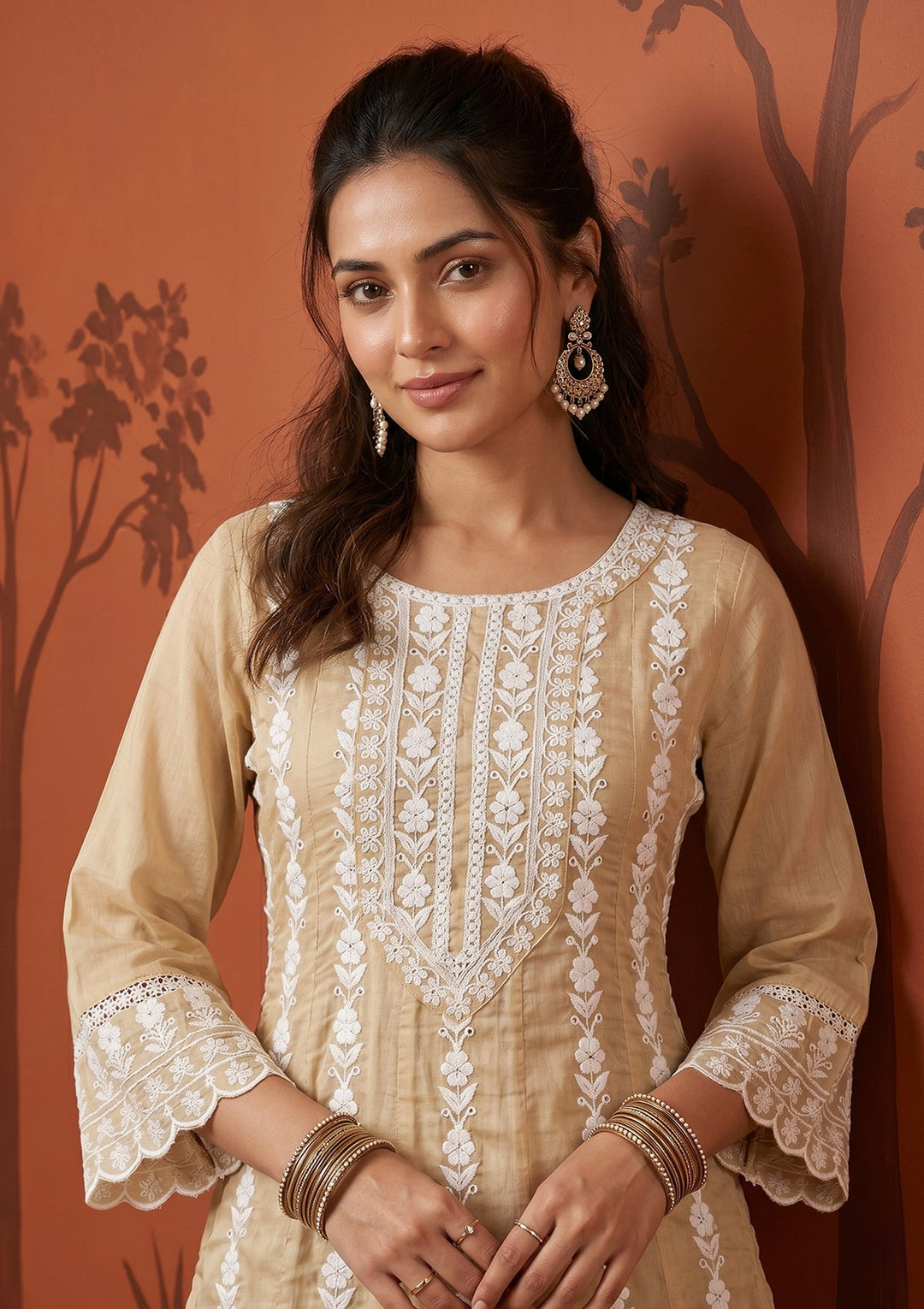 Beige Threadwork Cotton Readymade Salwar Suit