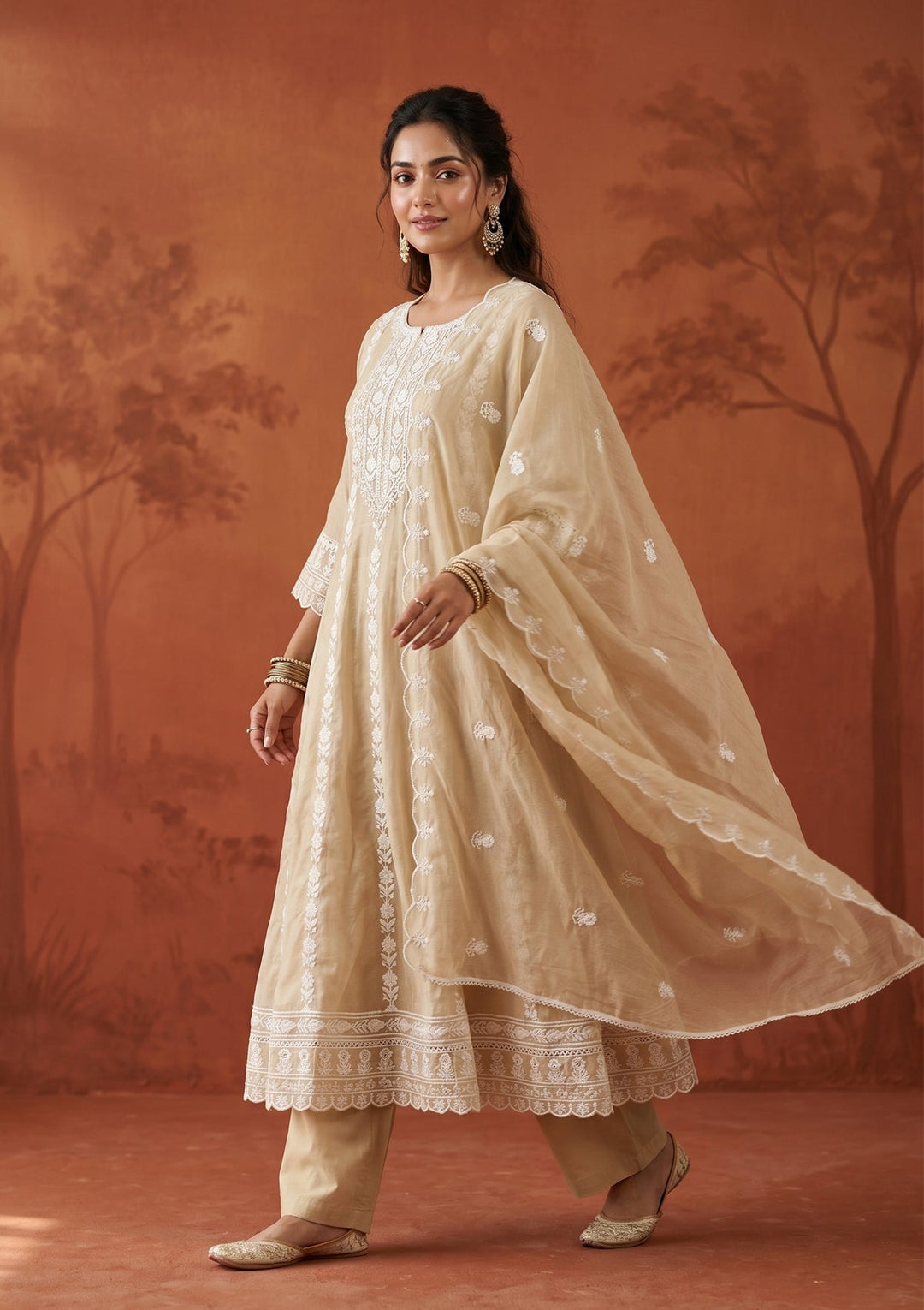 Beige Threadwork Cotton Readymade Salwar Suit