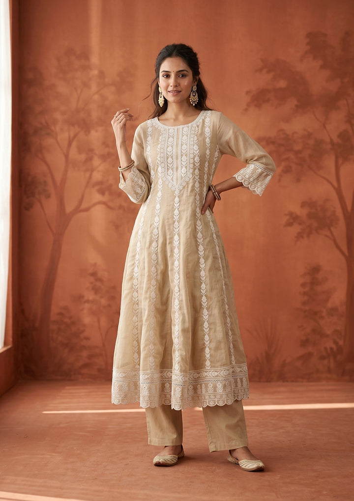 Beige Threadwork Cotton Readymade Salwar Suit