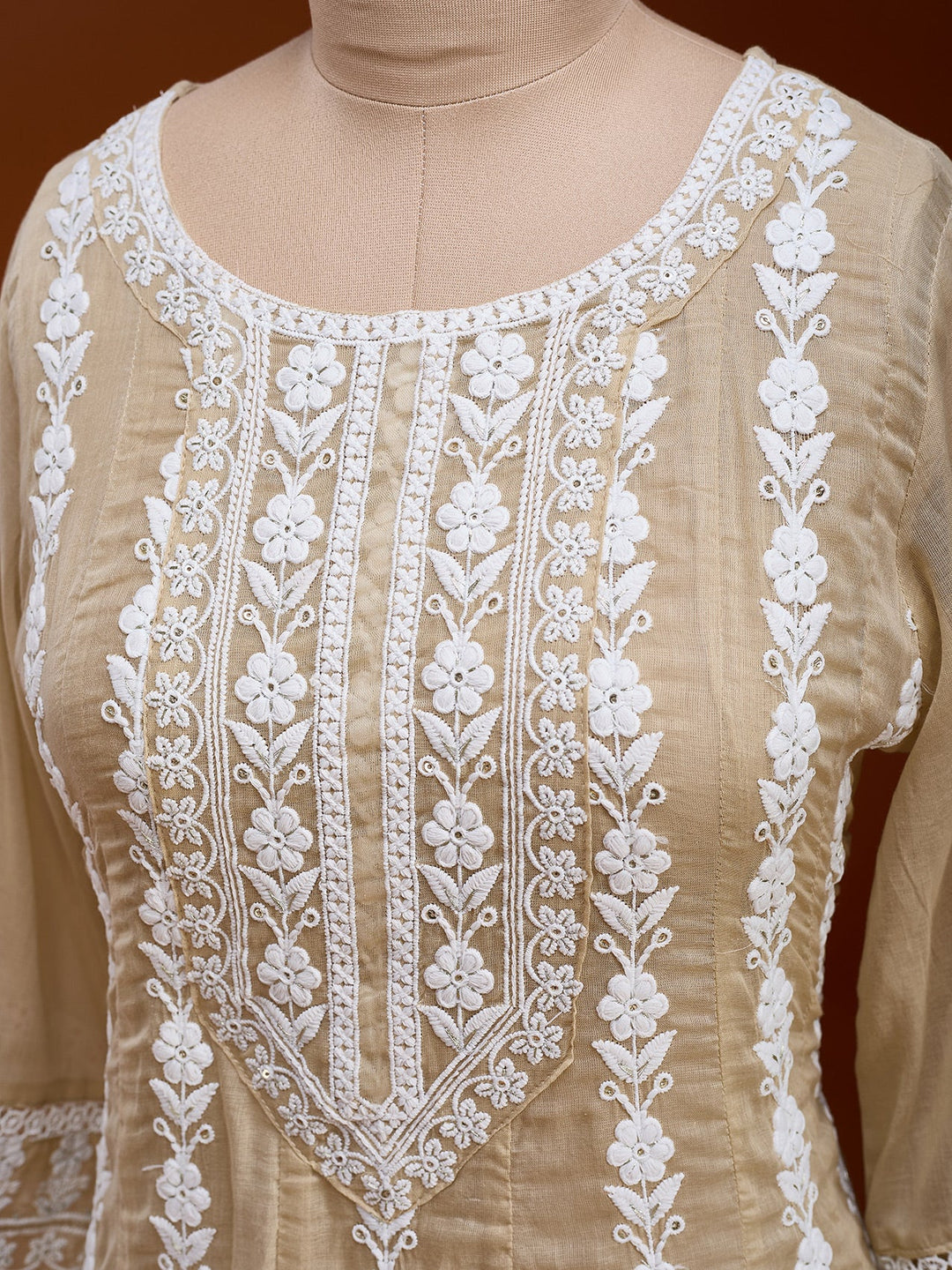Beige Threadwork Cotton Readymade Salwar Suit