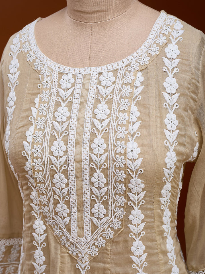 Beige Threadwork Cotton Readymade Salwar Suit