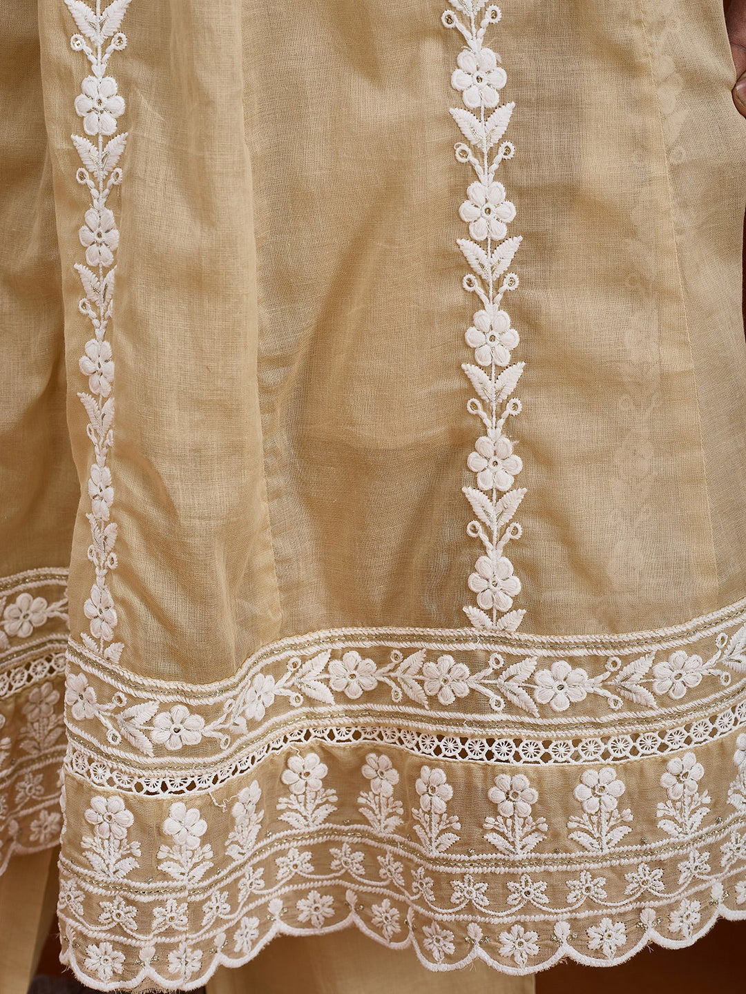 Beige Threadwork Cotton Readymade Salwar Suit
