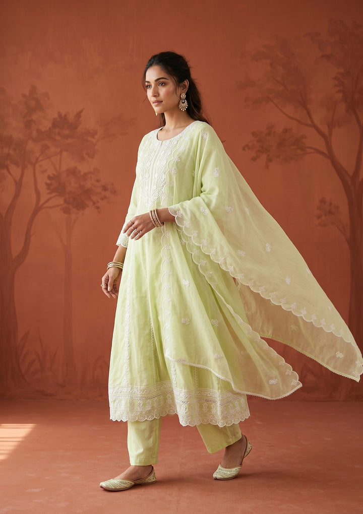 Lime Green Threadwork Cotton Readymade Salwar Suit