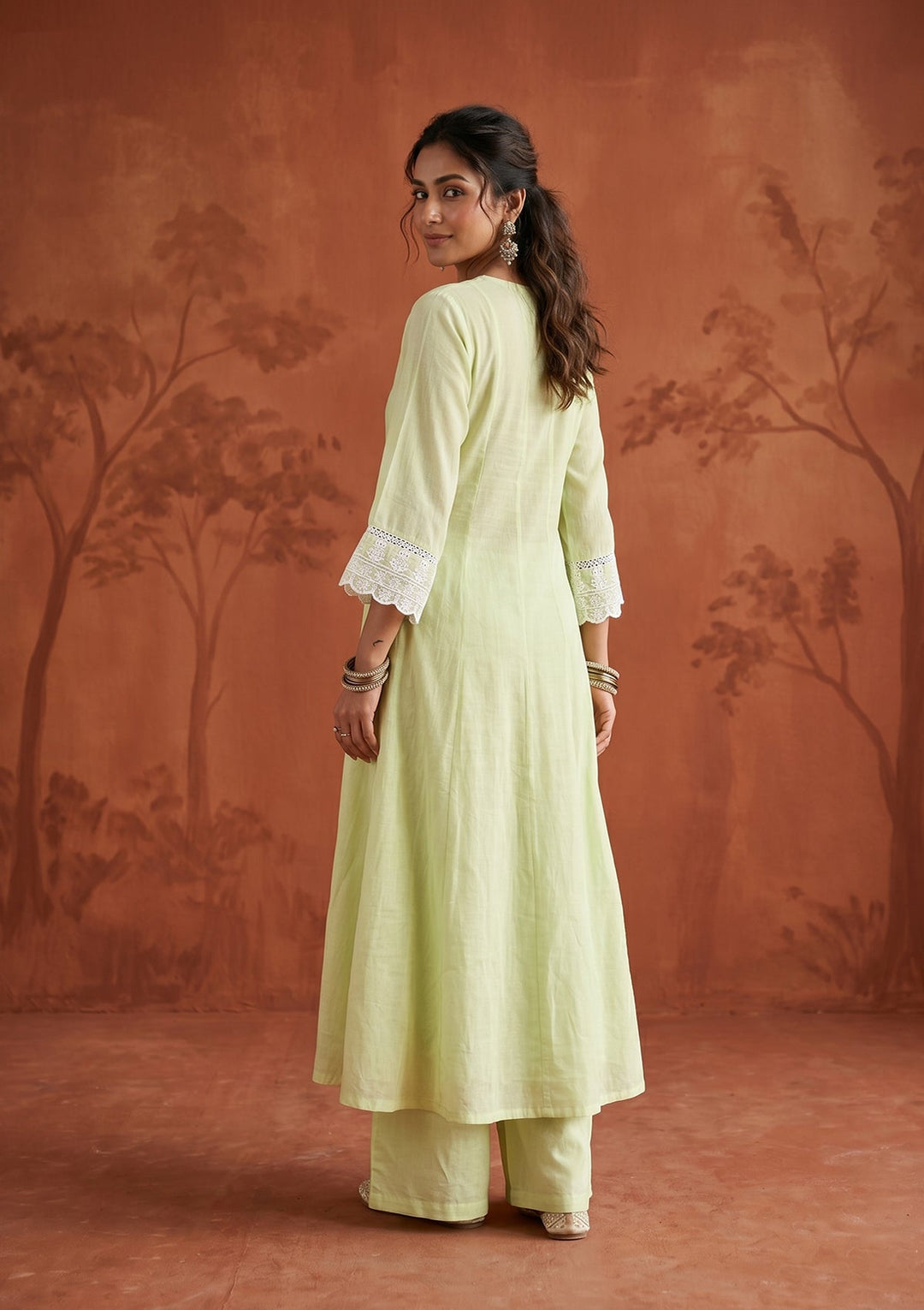 Lime Green Threadwork Cotton Readymade Salwar Suit