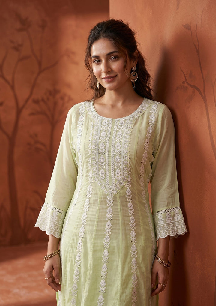 Lime Green Threadwork Cotton Readymade Salwar Suit