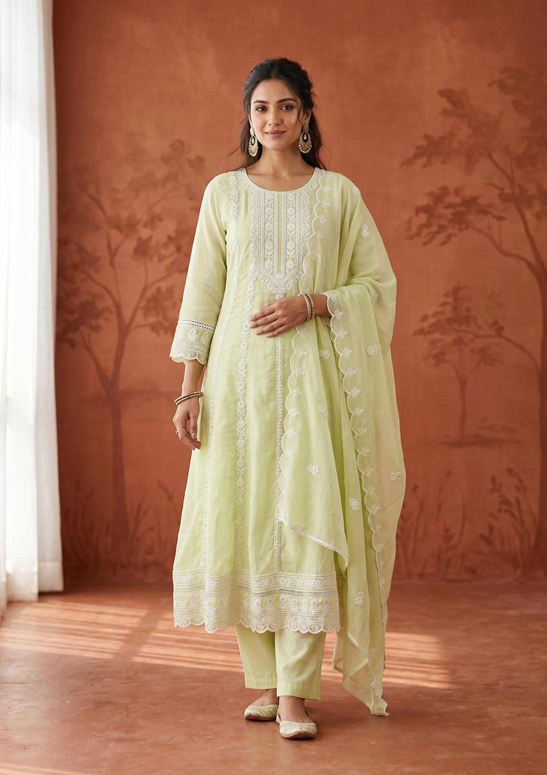 Lime Green Threadwork Cotton Readymade Salwar Suit