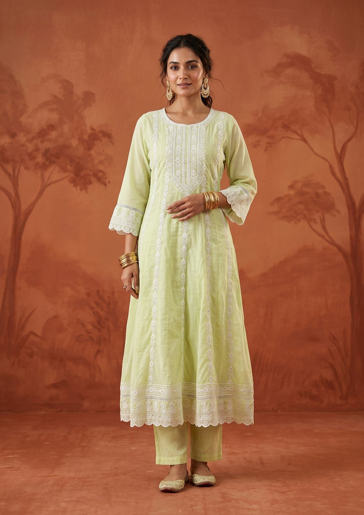 Lime Green Threadwork Cotton Readymade Salwar Suit