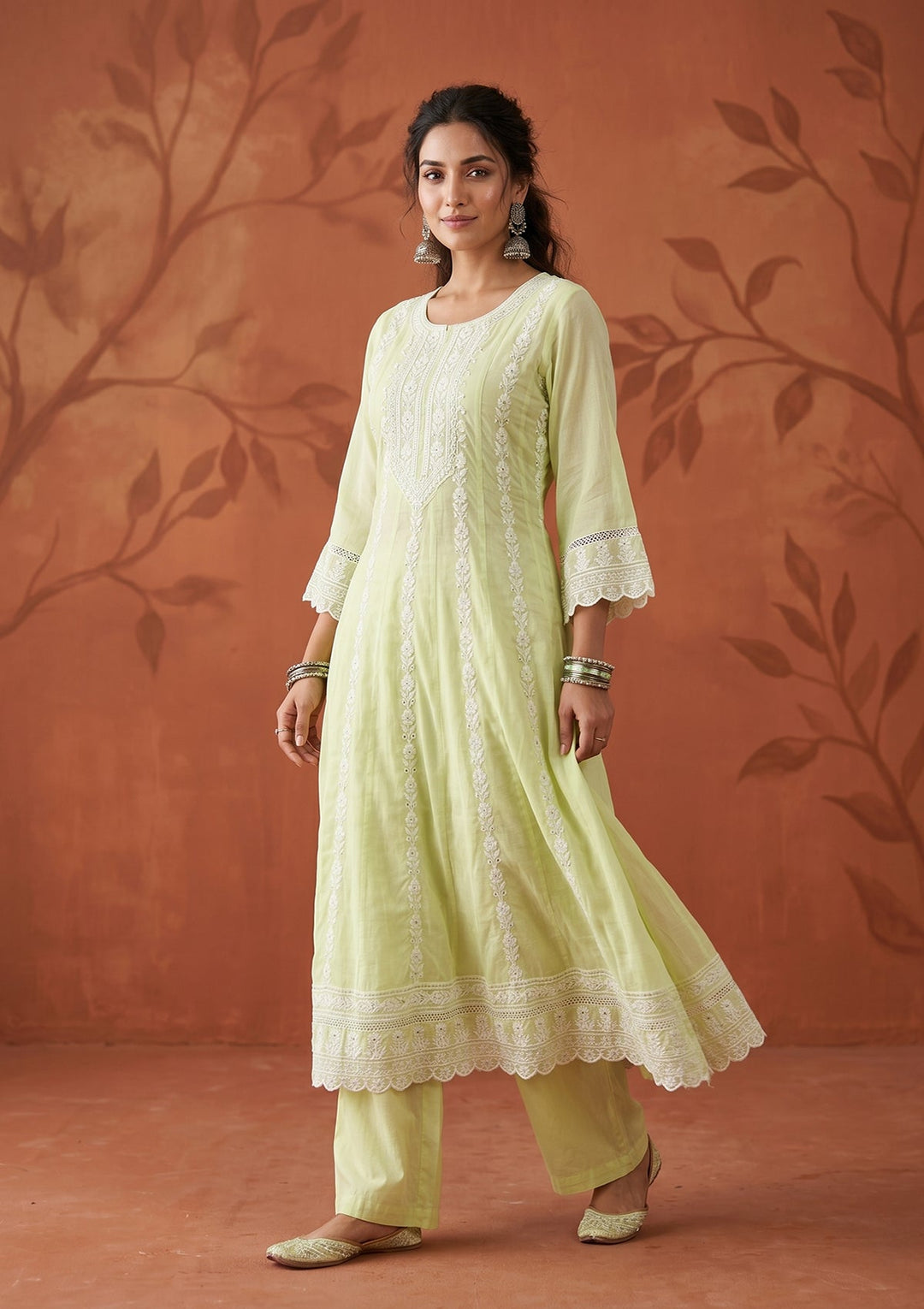 Lime Green Threadwork Cotton Readymade Salwar Suit