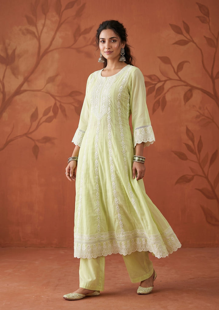 Lime Green Threadwork Cotton Readymade Salwar Suit