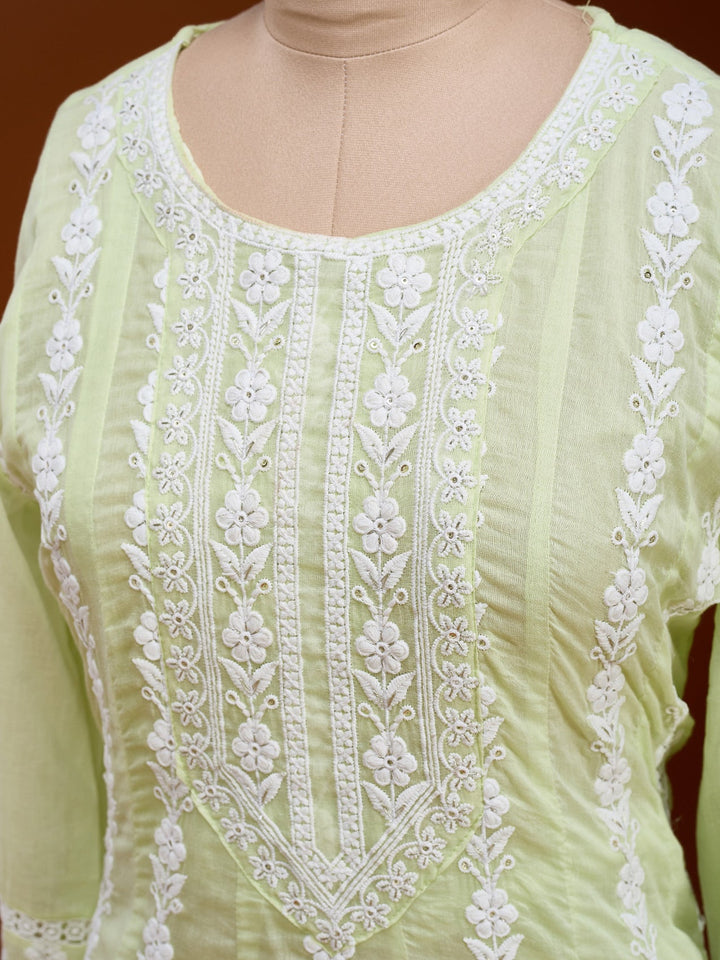 Lime Green Threadwork Cotton Readymade Salwar Suit