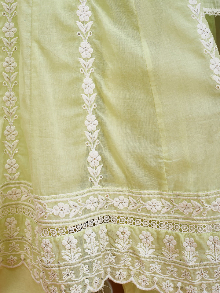 Lime Green Threadwork Cotton Readymade Salwar Suit