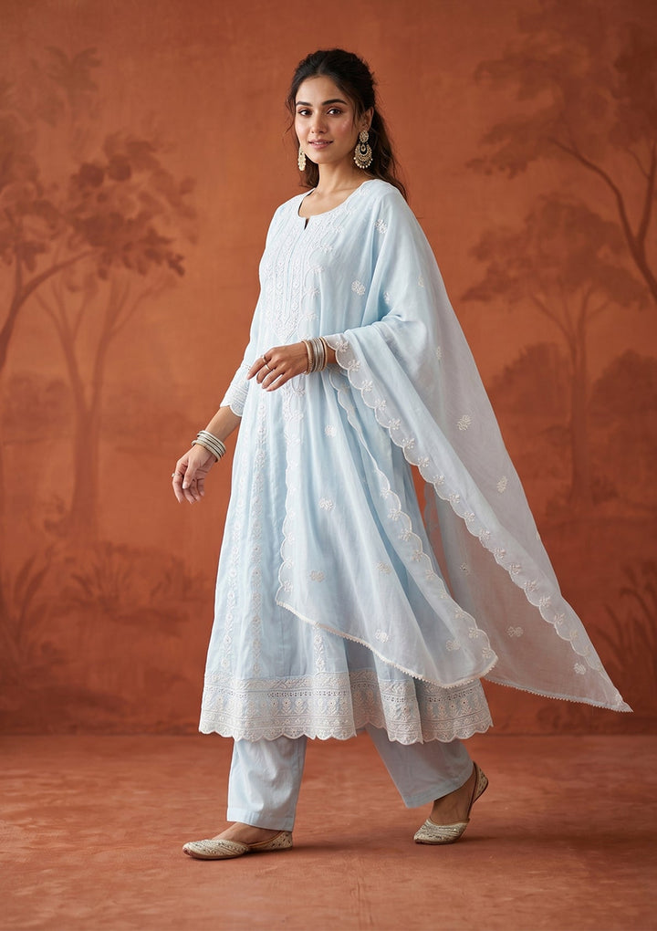 Sky Blue Cotton Threadwork Anarkali Kurta With Regular Pant And Dupatta