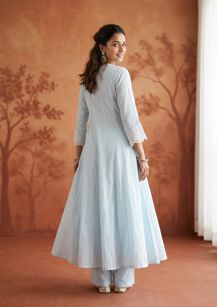 Sky Blue Cotton Threadwork Anarkali Kurta With Regular Pant And Dupatta