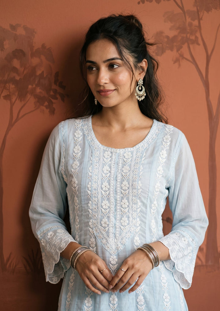 Sky Blue Cotton Threadwork Anarkali Kurta With Regular Pant And Dupatta