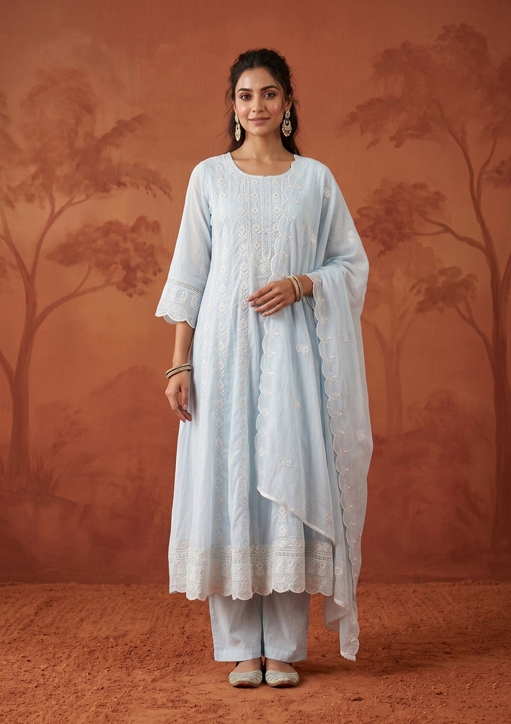 Sky Blue Cotton Threadwork Anarkali Kurta With Regular Pant And Dupatta