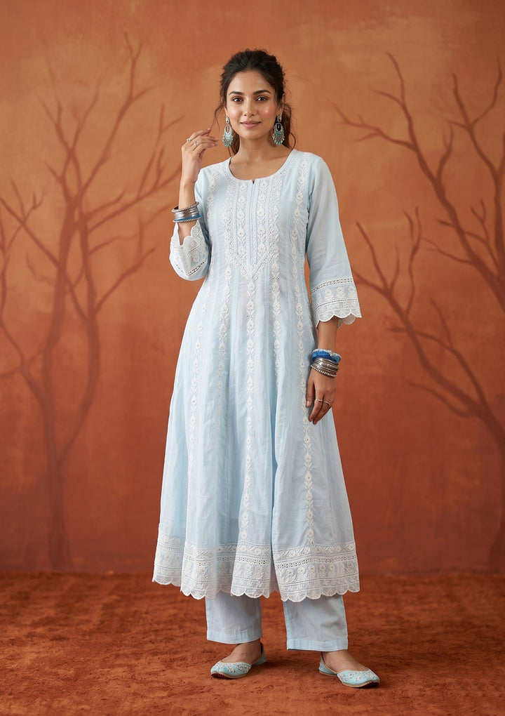 Sky Blue Cotton Threadwork Anarkali Kurta With Regular Pant And Dupatta
