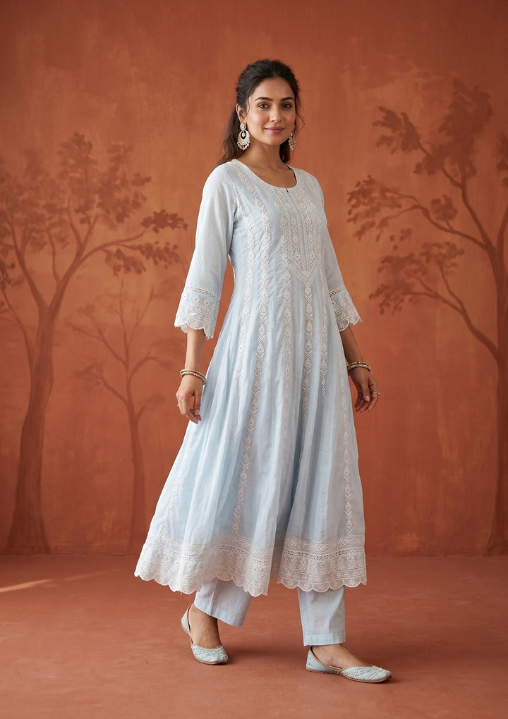 Sky Blue Cotton Threadwork Anarkali Kurta With Regular Pant And Dupatta