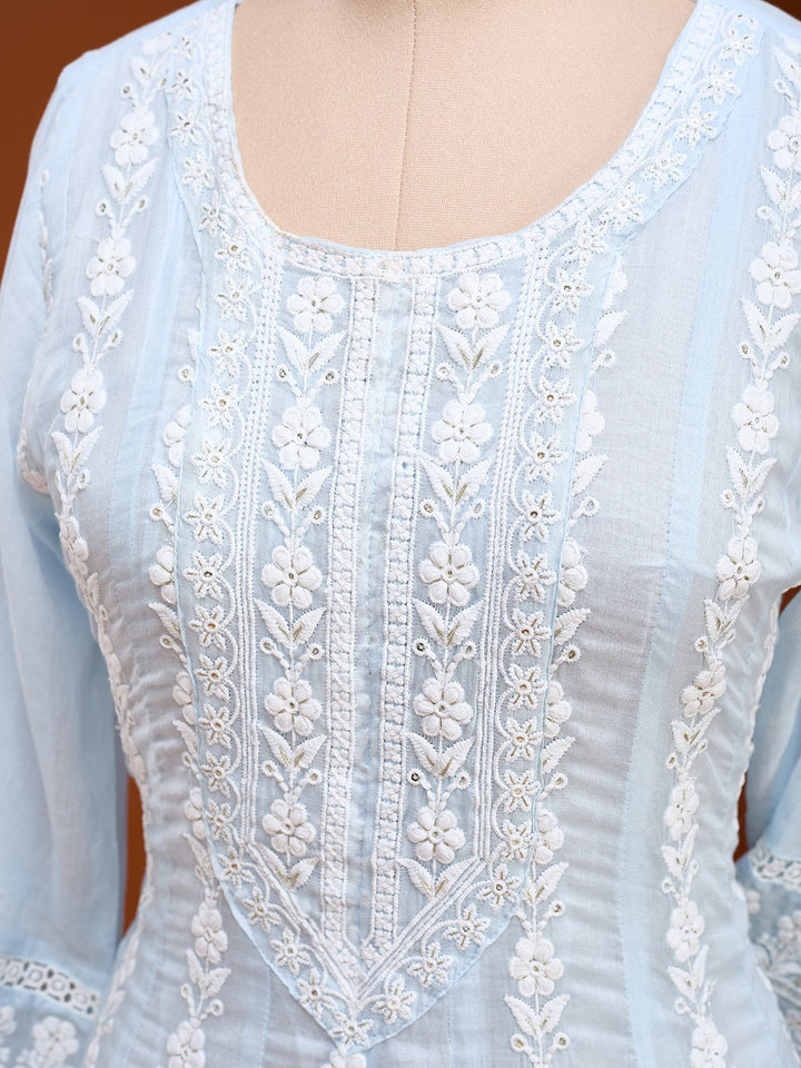 Sky Blue Cotton Threadwork Anarkali Kurta With Regular Pant And Dupatta