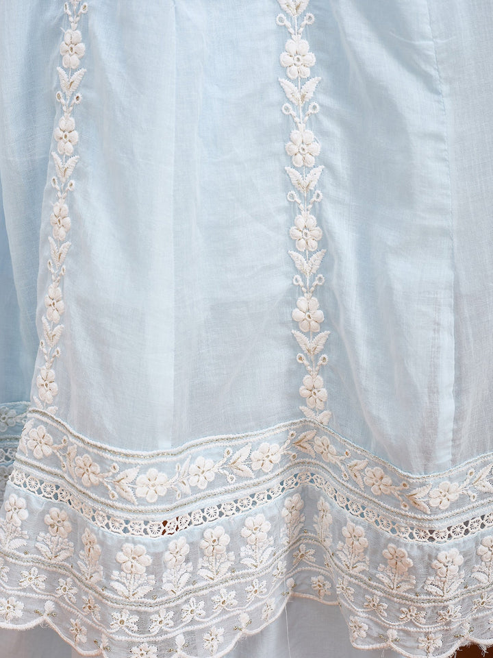 Sky Blue Cotton Threadwork Anarkali Kurta With Regular Pant And Dupatta