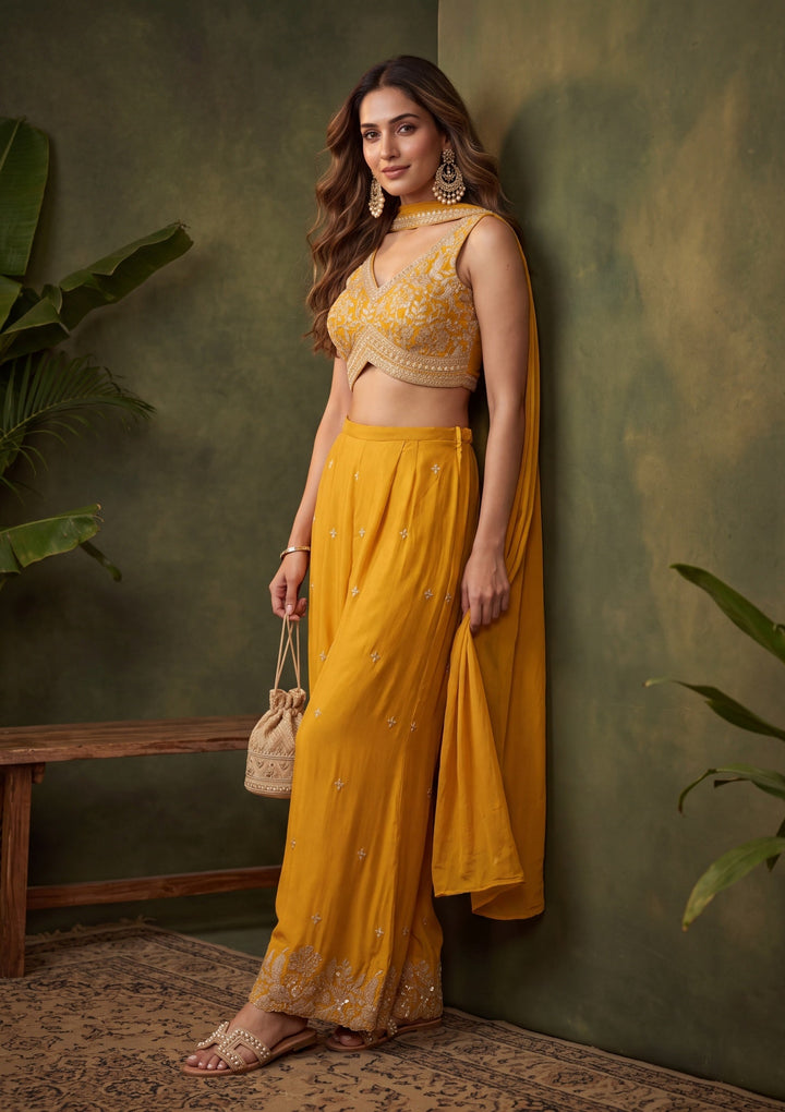 Mustard Yellow Zariwork (Gold) Chinon Readymade Salwar Suit