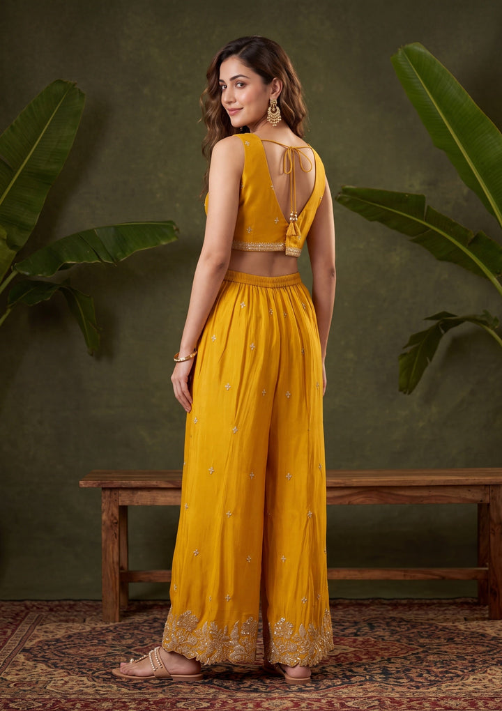 Mustard Yellow Zariwork (Gold) Chinon Readymade Salwar Suit