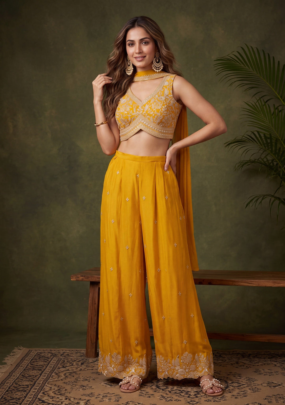 Mustard Yellow Zariwork (Gold) Chinon Readymade Salwar Suit