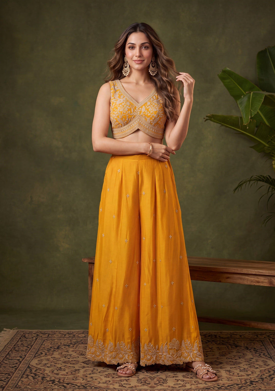 Mustard Yellow Zariwork (Gold) Chinon Readymade Salwar Suit