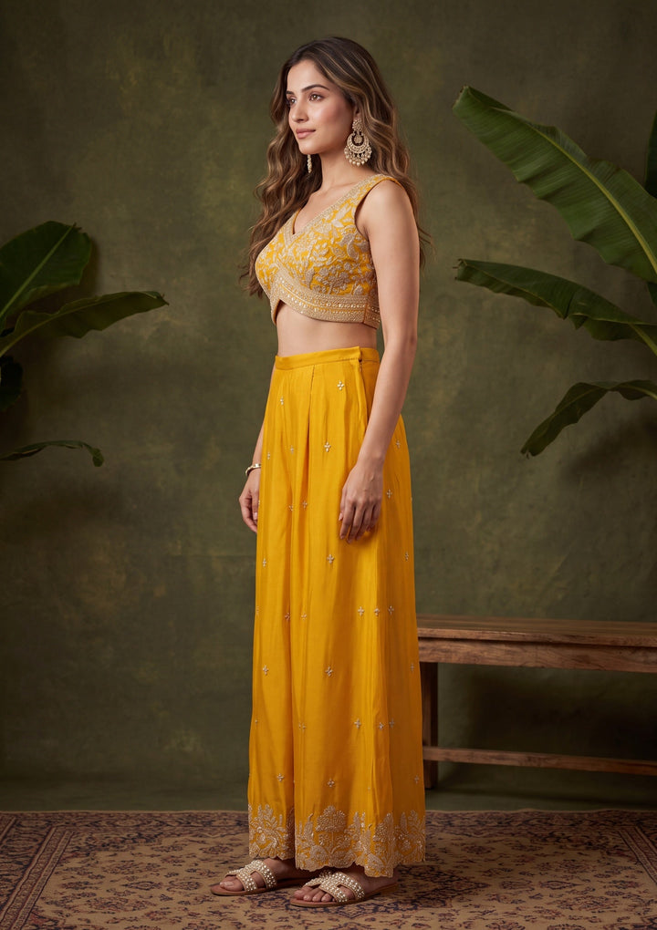 Mustard Yellow Zariwork (Gold) Chinon Readymade Salwar Suit