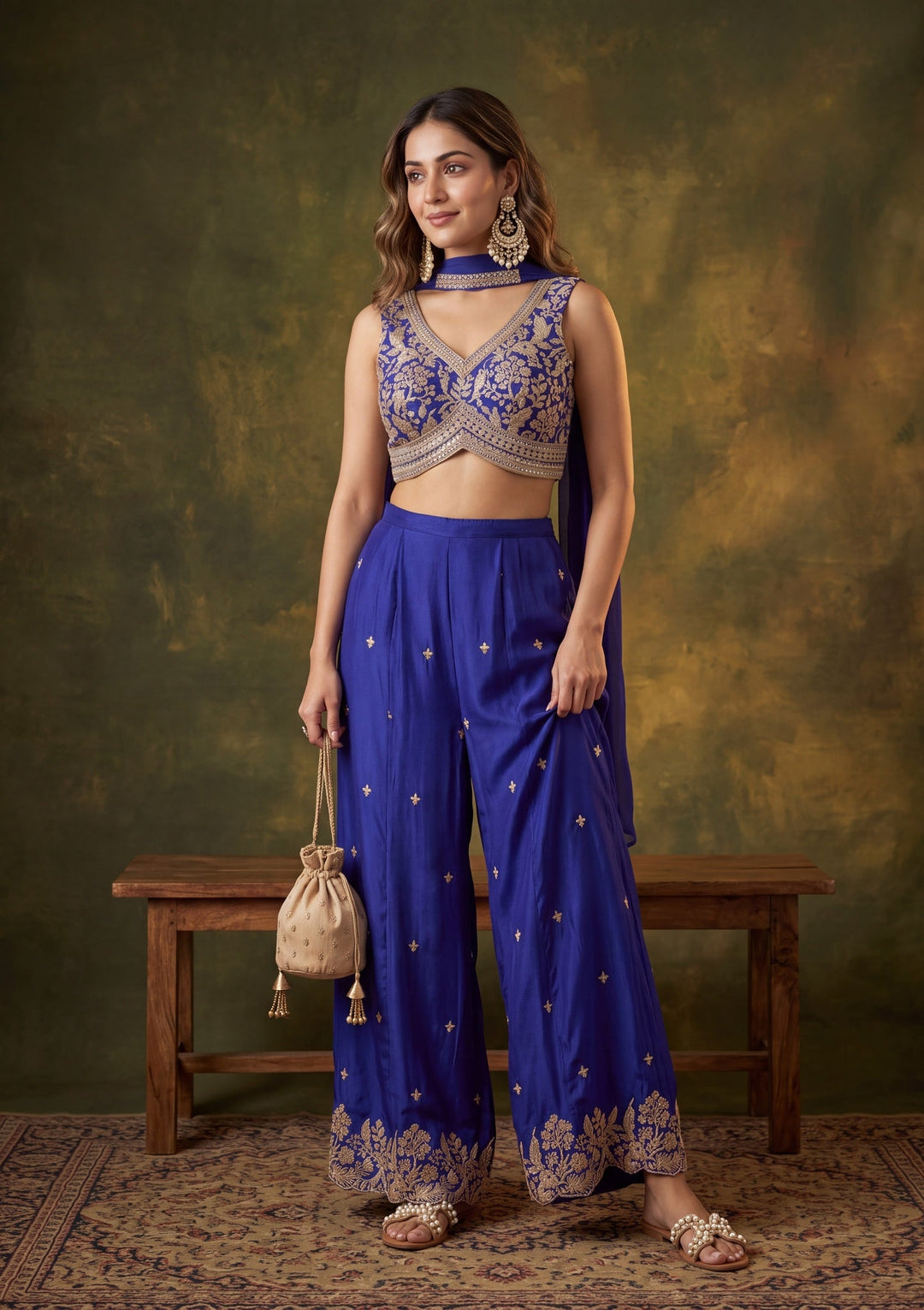 Royal Blue Zariwork (Gold) Chinon Readymade Salwar Suit
