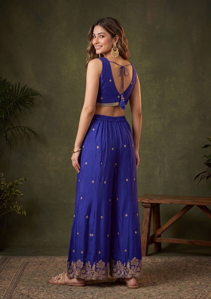 Royal Blue Zariwork (Gold) Chinon Readymade Salwar Suit