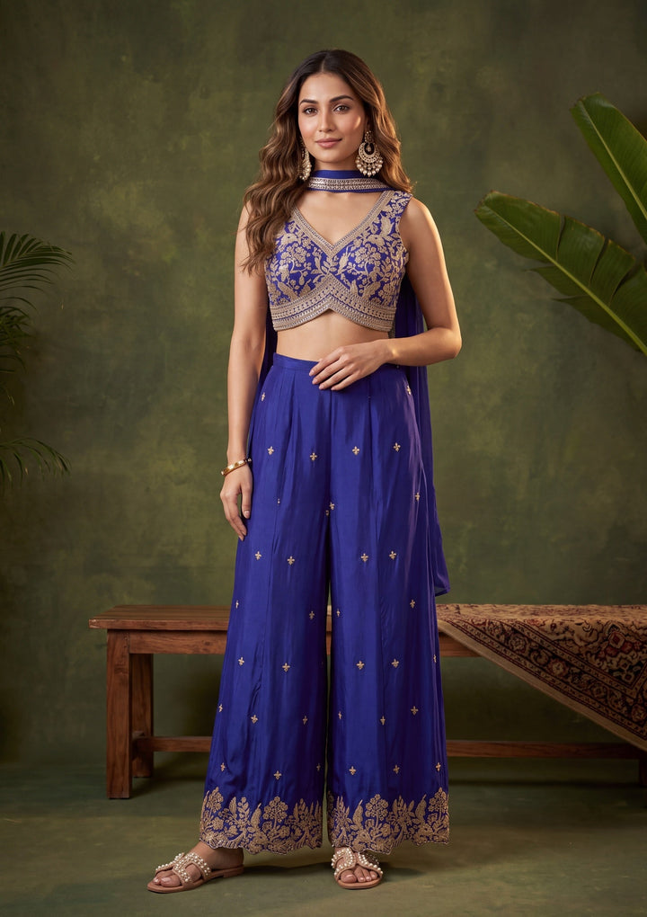 Royal Blue Zariwork (Gold) Chinon Readymade Salwar Suit