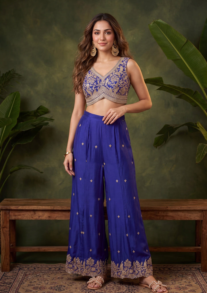 Royal Blue Zariwork (Gold) Chinon Readymade Salwar Suit