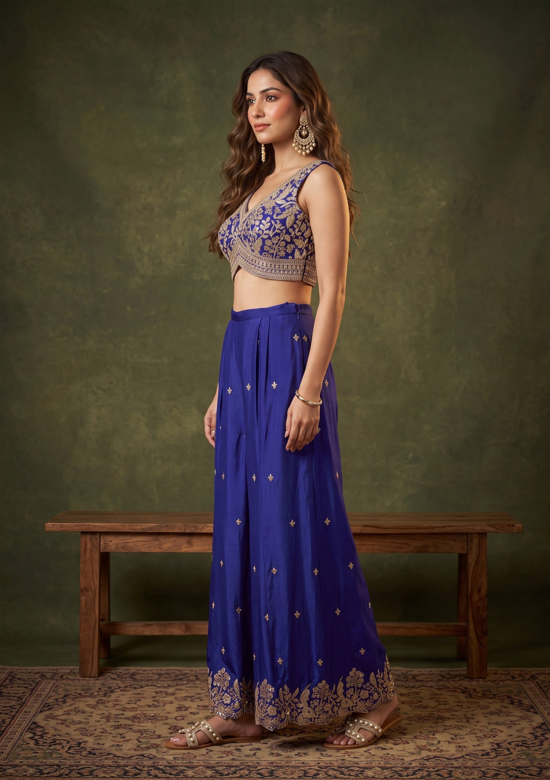 Royal Blue Zariwork (Gold) Chinon Readymade Salwar Suit