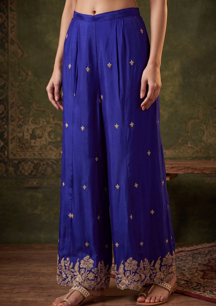 Royal Blue Zariwork (Gold) Chinon Readymade Salwar Suit