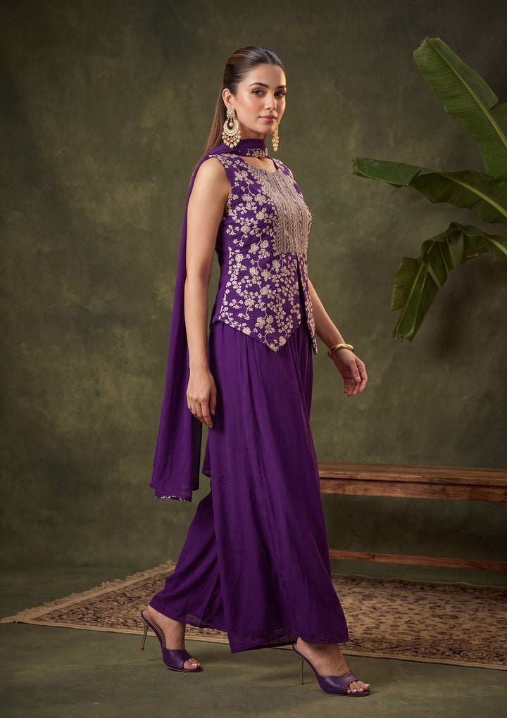 Purple Zariwork (Gold) Chinon Readymade Salwar Suit