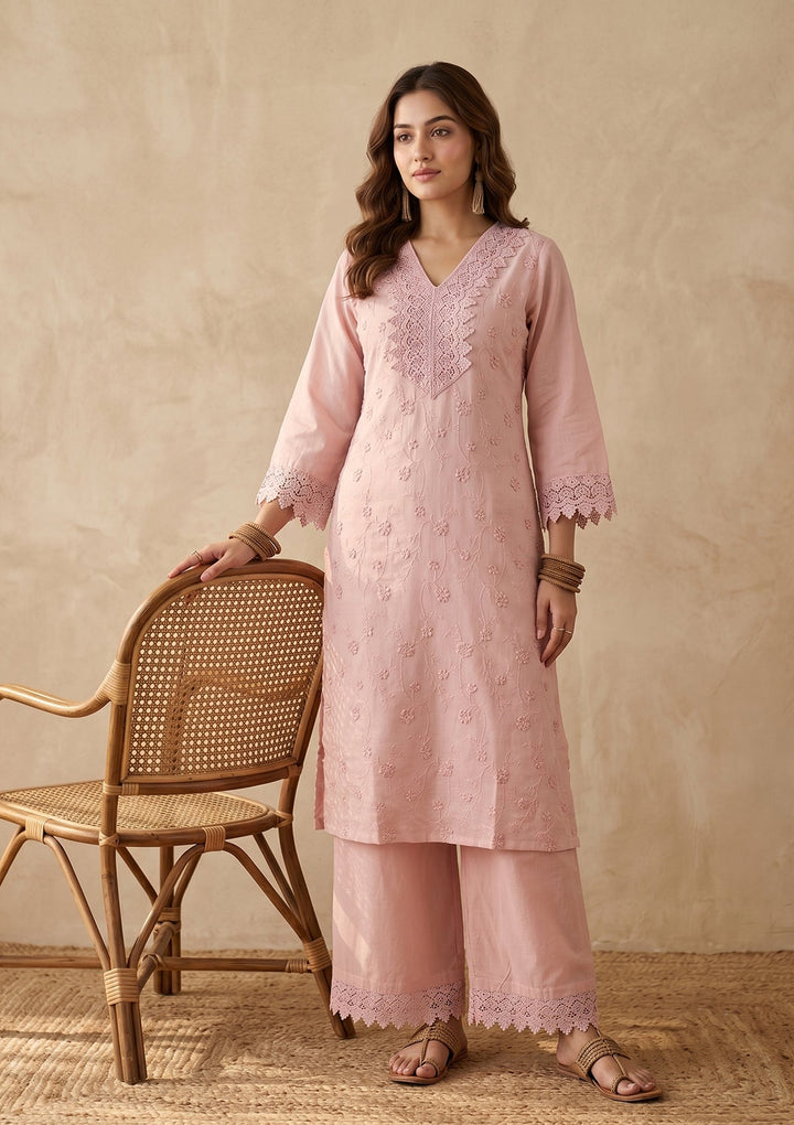 Baby Pink Threadwork Cotton Readymade Salwar Suit