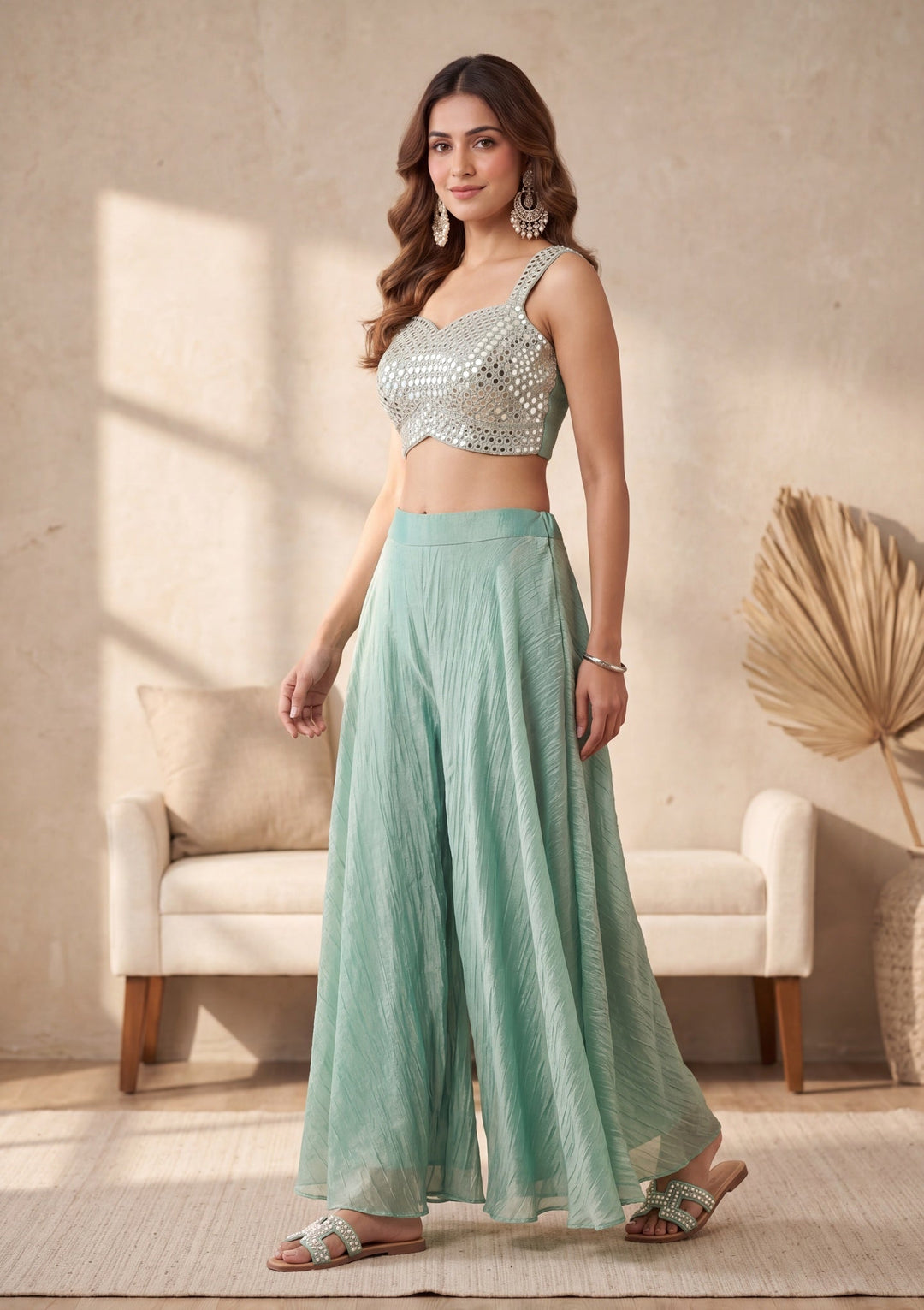 Sea Green Mirrorwork Tissue Readymade Salwar Suit
