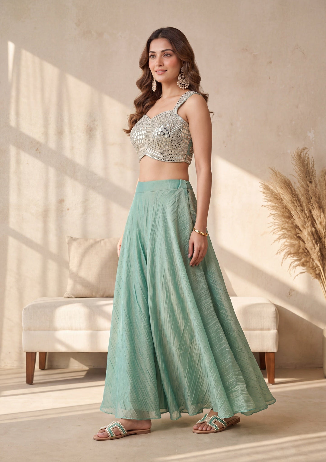 Sea Green Mirrorwork Tissue Readymade Salwar Suit