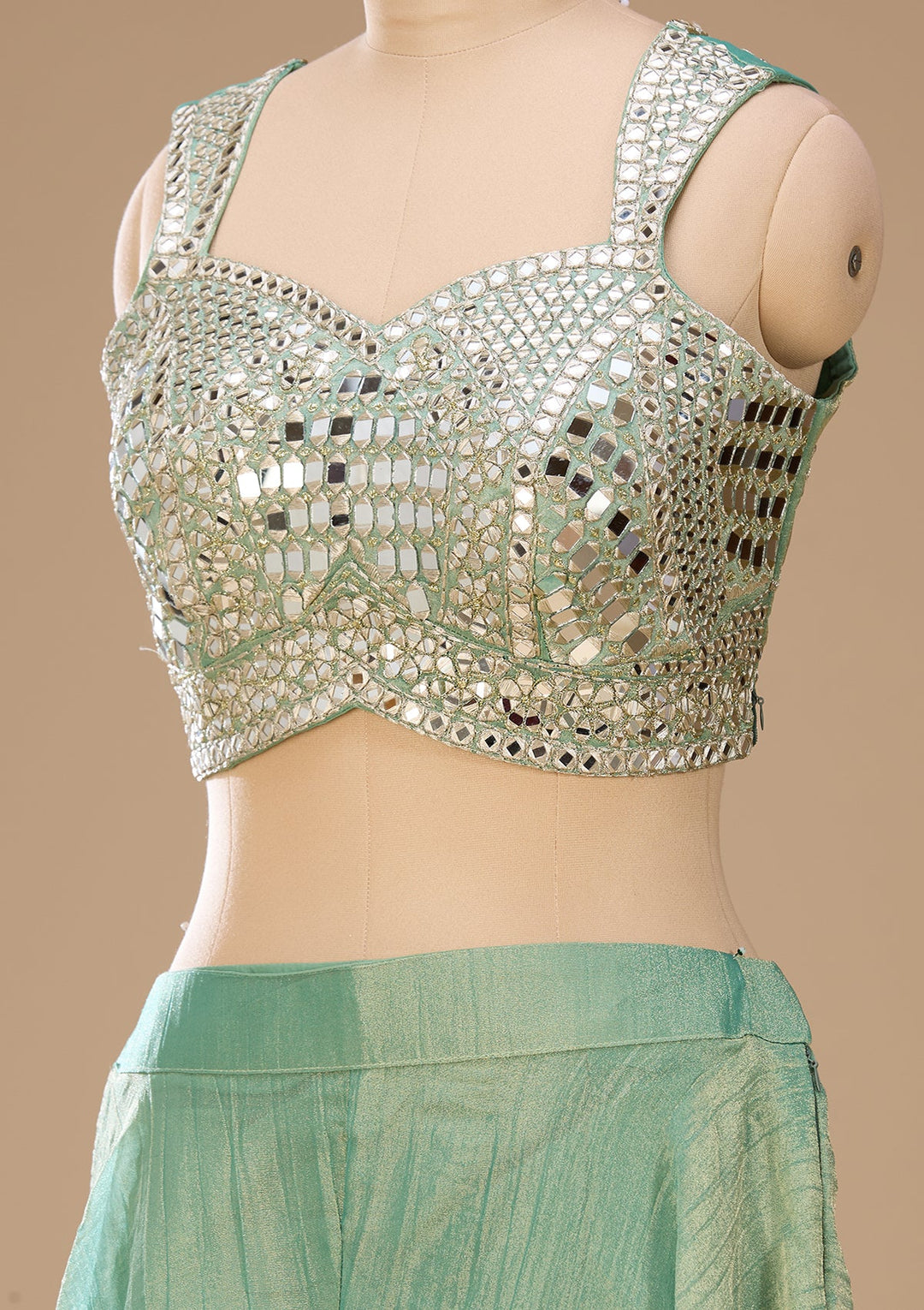 Sea Green Mirrorwork Tissue Readymade Salwar Suit