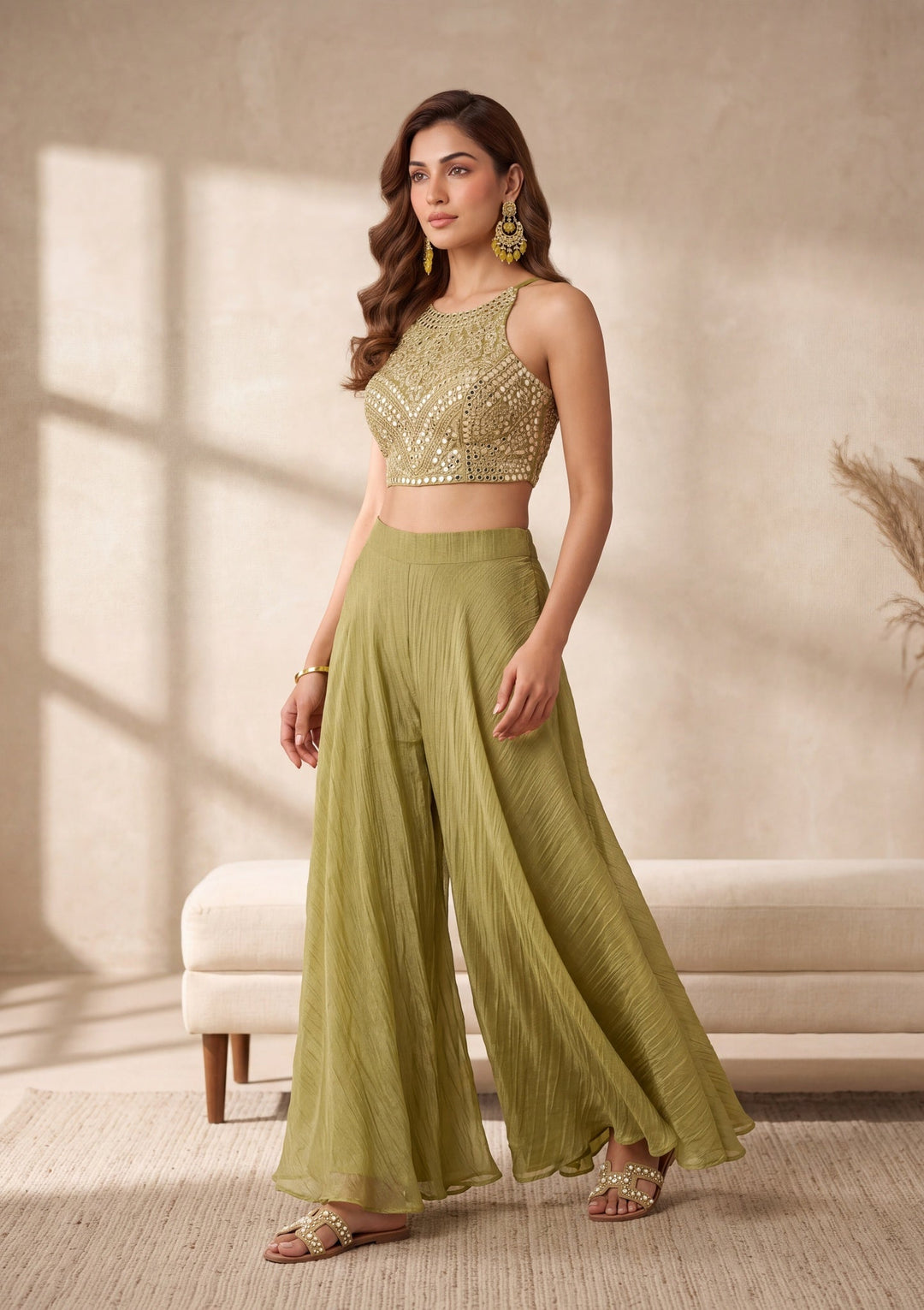 Mehendi Green Mirrorwork Tissue Readymade Salwar Suit