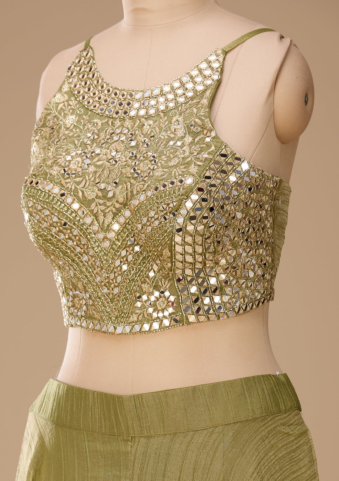 Mehendi Green Mirrorwork Tissue Readymade Salwar Suit