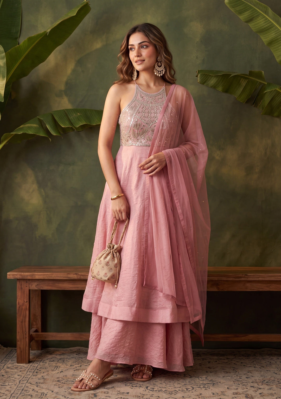 Baby Pink Mirrorwork Tissue Readymade Salwar Suit
