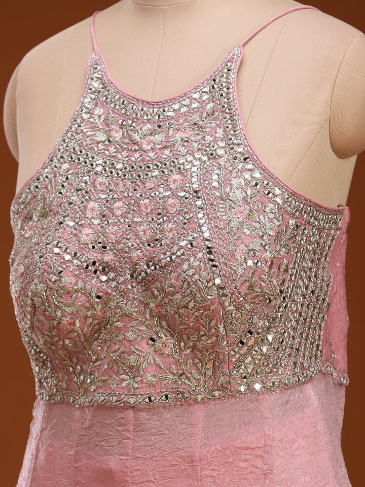 Baby Pink Mirrorwork Tissue Readymade Salwar Suit