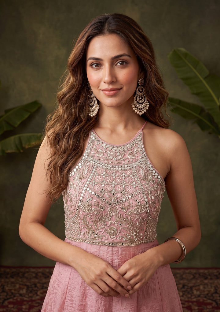 Baby Pink Mirrorwork Tissue Readymade Salwar Suit