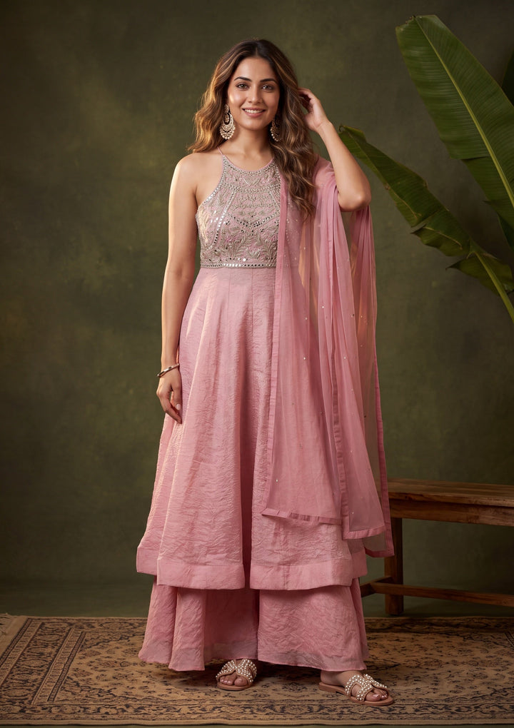 Baby Pink Mirrorwork Tissue Readymade Salwar Suit