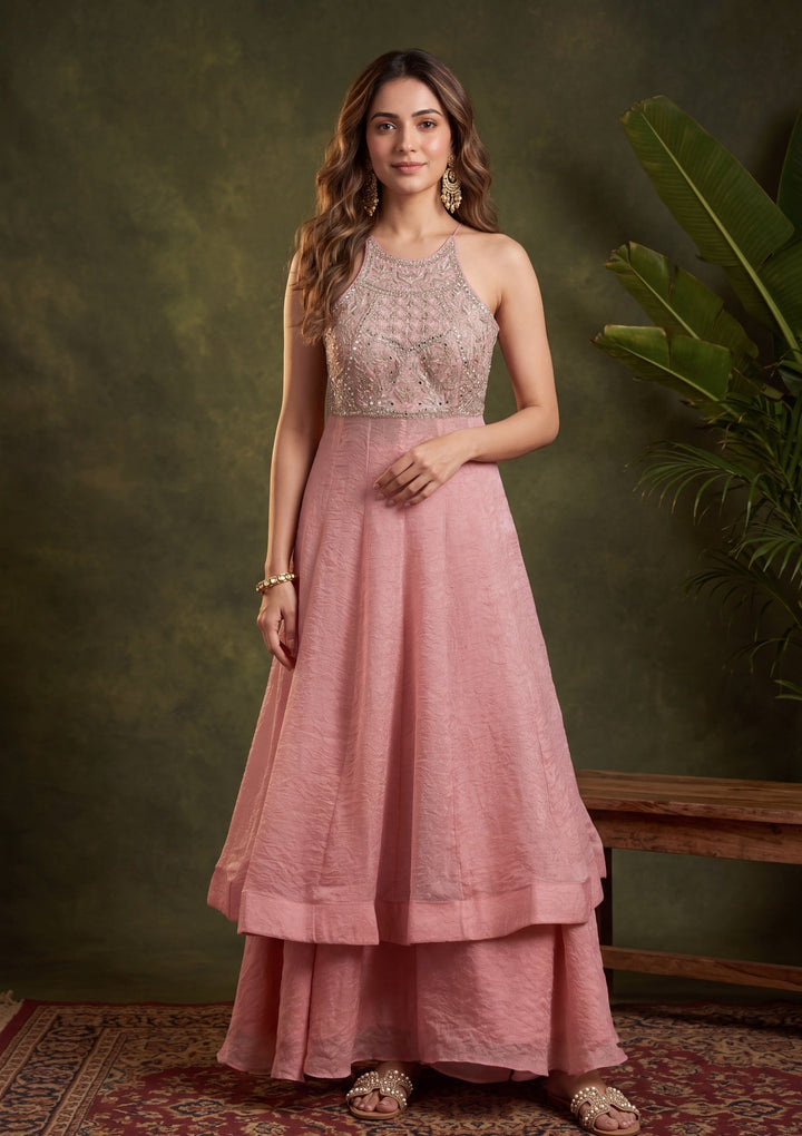 Baby Pink Mirrorwork Tissue Readymade Salwar Suit