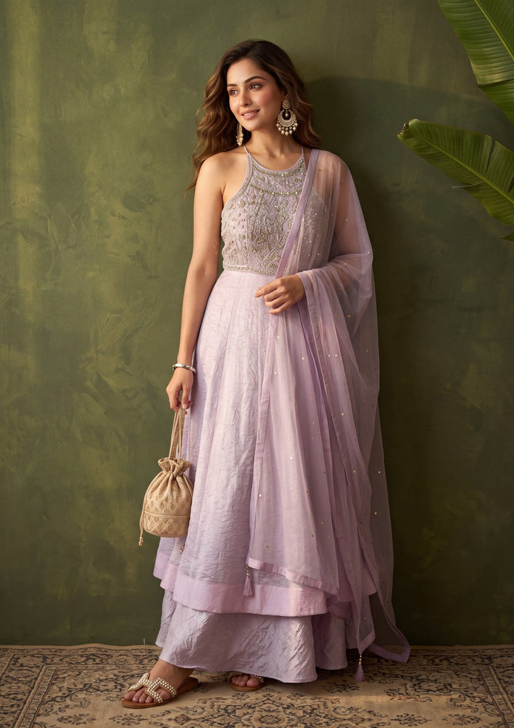 Light Lavender Mirrorwork Tissue Readymade Salwar Suit