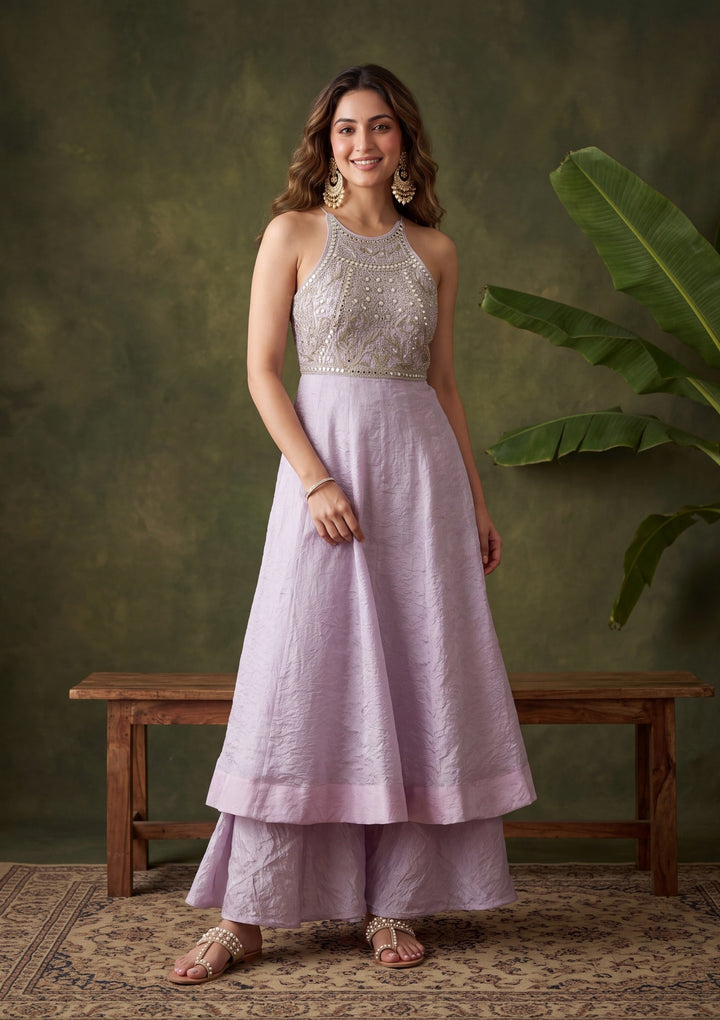 Light Lavender Mirrorwork Tissue Readymade Salwar Suit