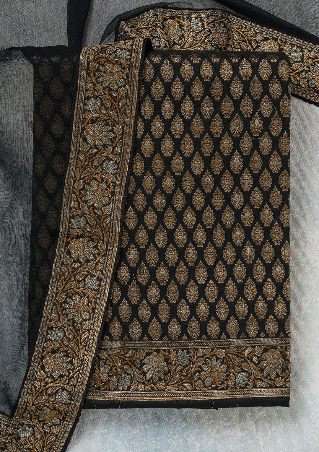 Black Zariwork (Gold) Banarasi Unstitched Salwar Suit-koskii