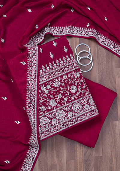 Maroon Zariwork Soft Raw Silk Unstitched Salwar Suit-Koskii